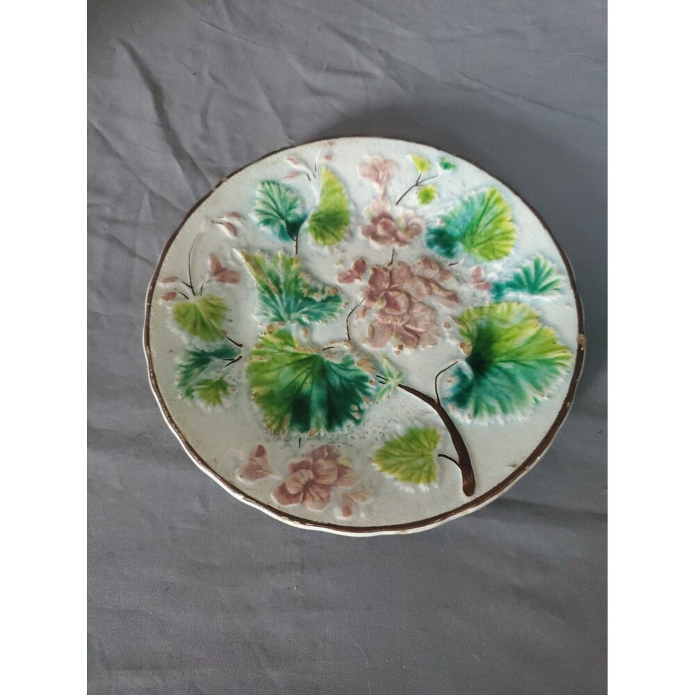 Antique Majolica Plate White Green Pink Geranium Flower Blossom